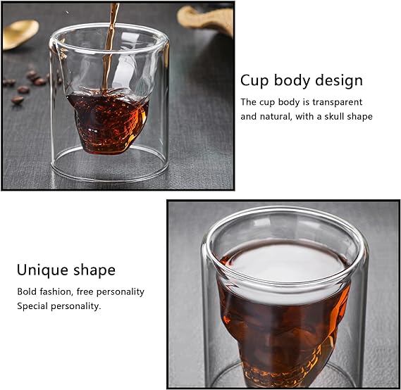 DOUBLE GLASS 75ML MINI SHOT CUP SKULL  X465
