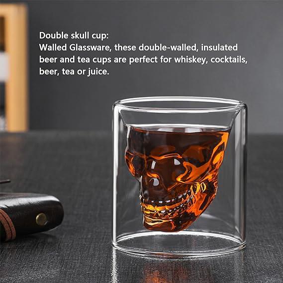 DOUBLE GLASS 75ML MINI SHOT CUP SKULL  X465