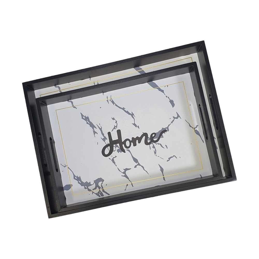 Black & Marble 2pcs Wood Tray Set  X511
