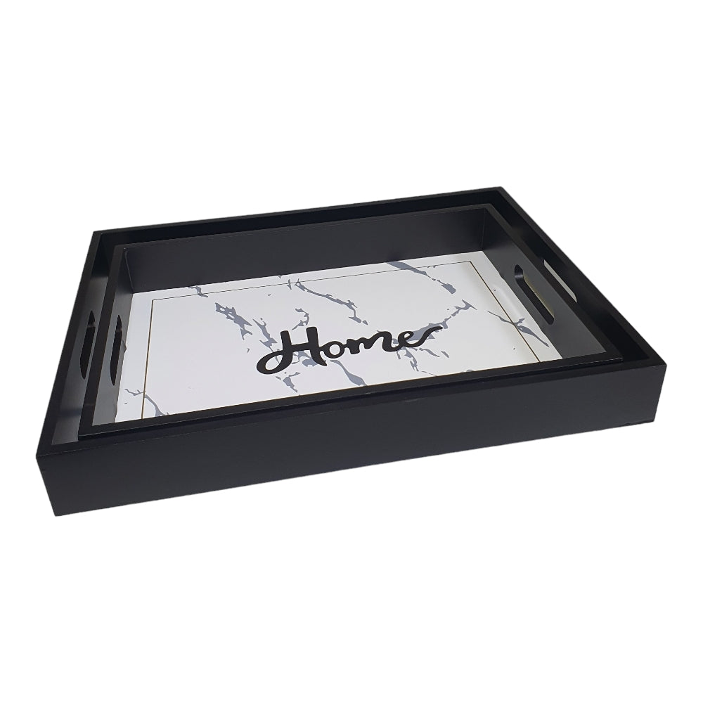 Black & Marble 2pcs Wood Tray Set  X511