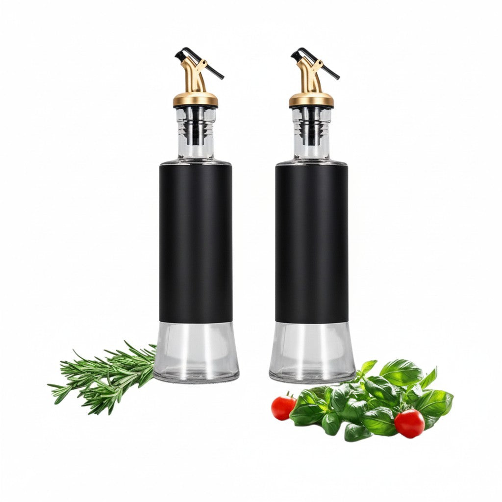 Black Stainless & Glass Long Oil Bottle X805 (Gold Knob)