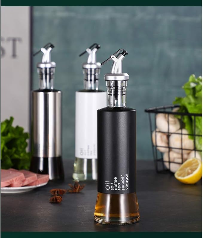 Black Stainless & Glass Long Oil Bottle X805 (Gold Knob)