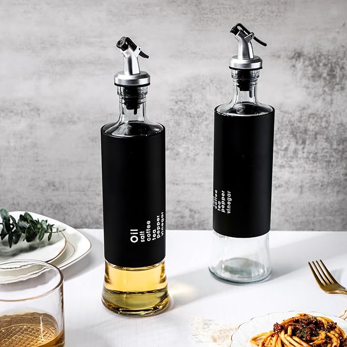 Black Stainless & Glass Long Oil Bottle X805 (Gold Knob)
