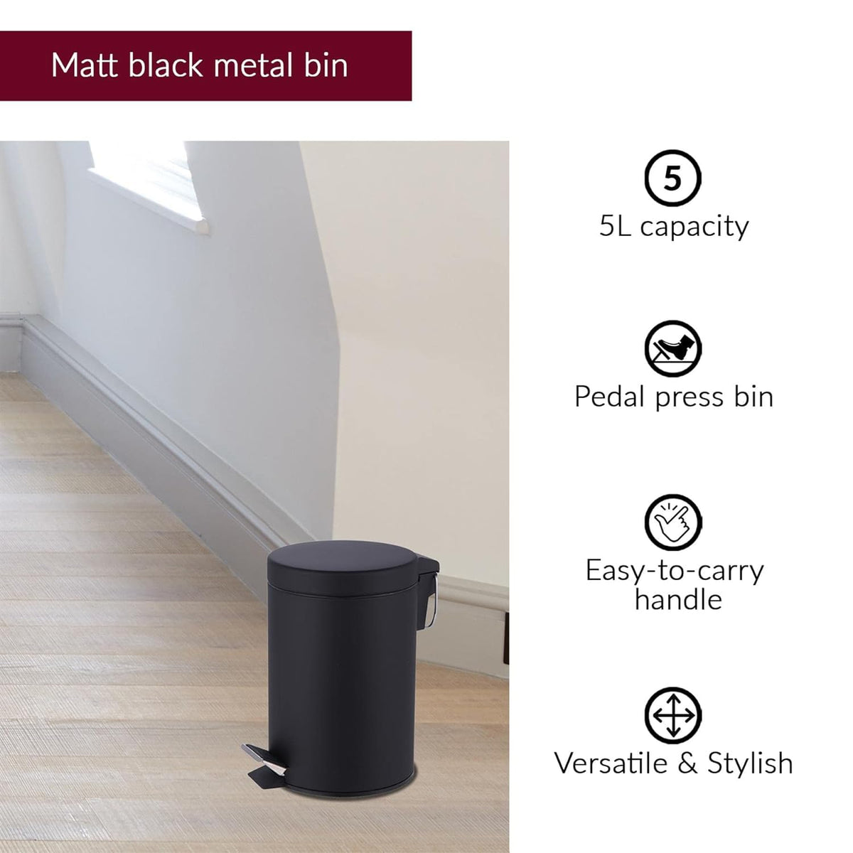 5L Black Pedal Bin X826