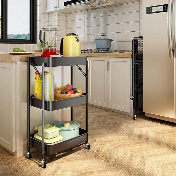 Folding Storage Metal Rack Trolley Black X891