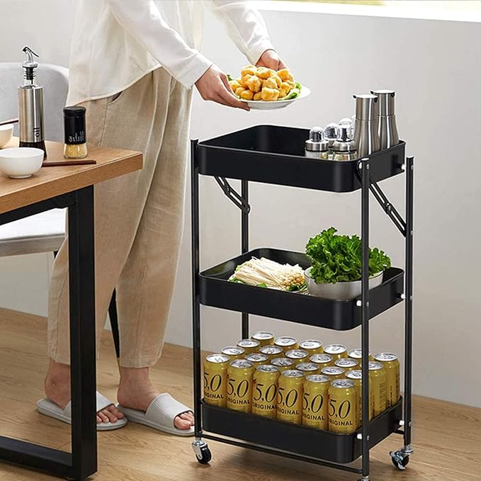 Folding Storage Metal Rack Trolley Black X891