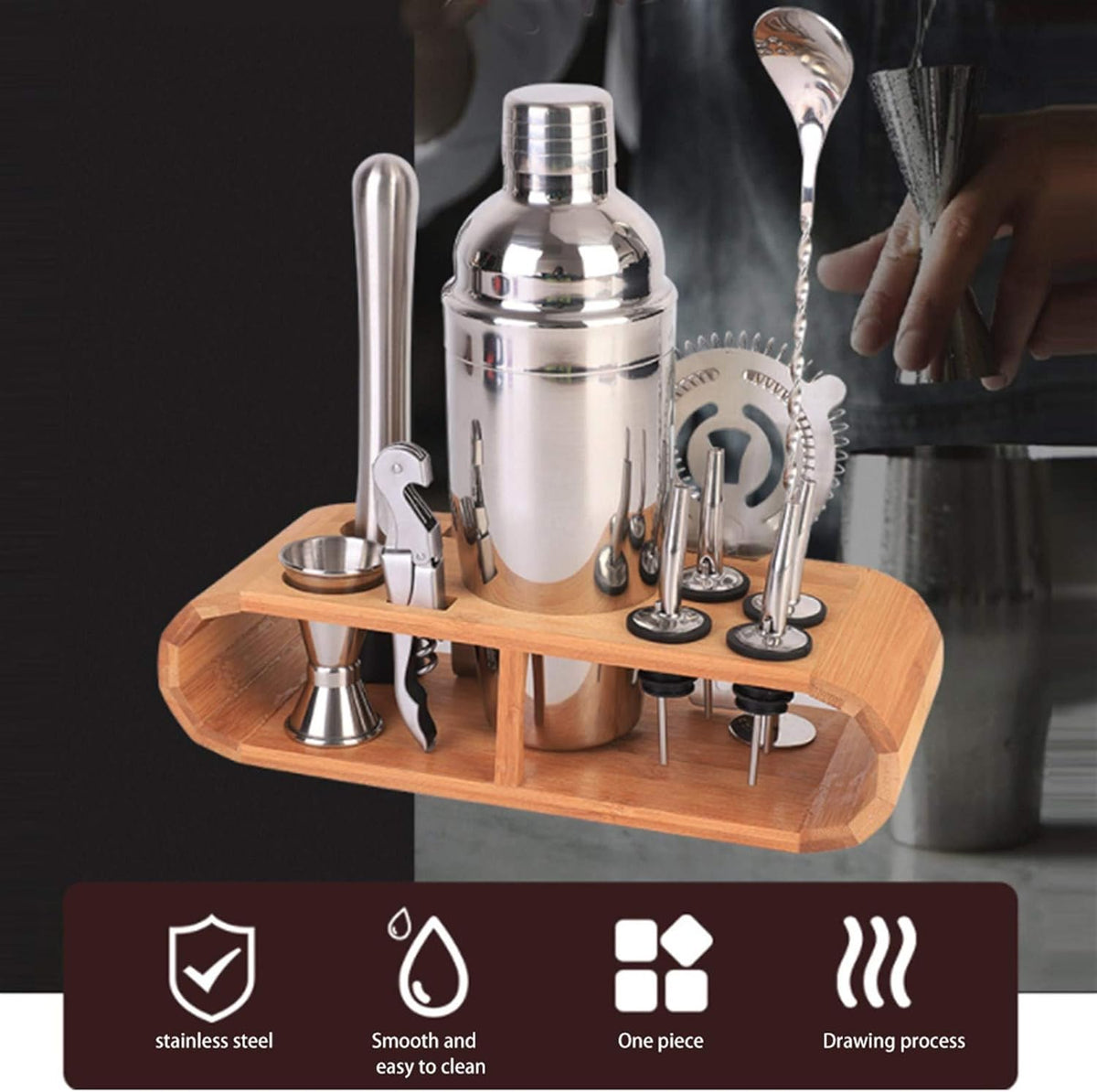 Stainless 12pc Shaker Set+Wood Base X939