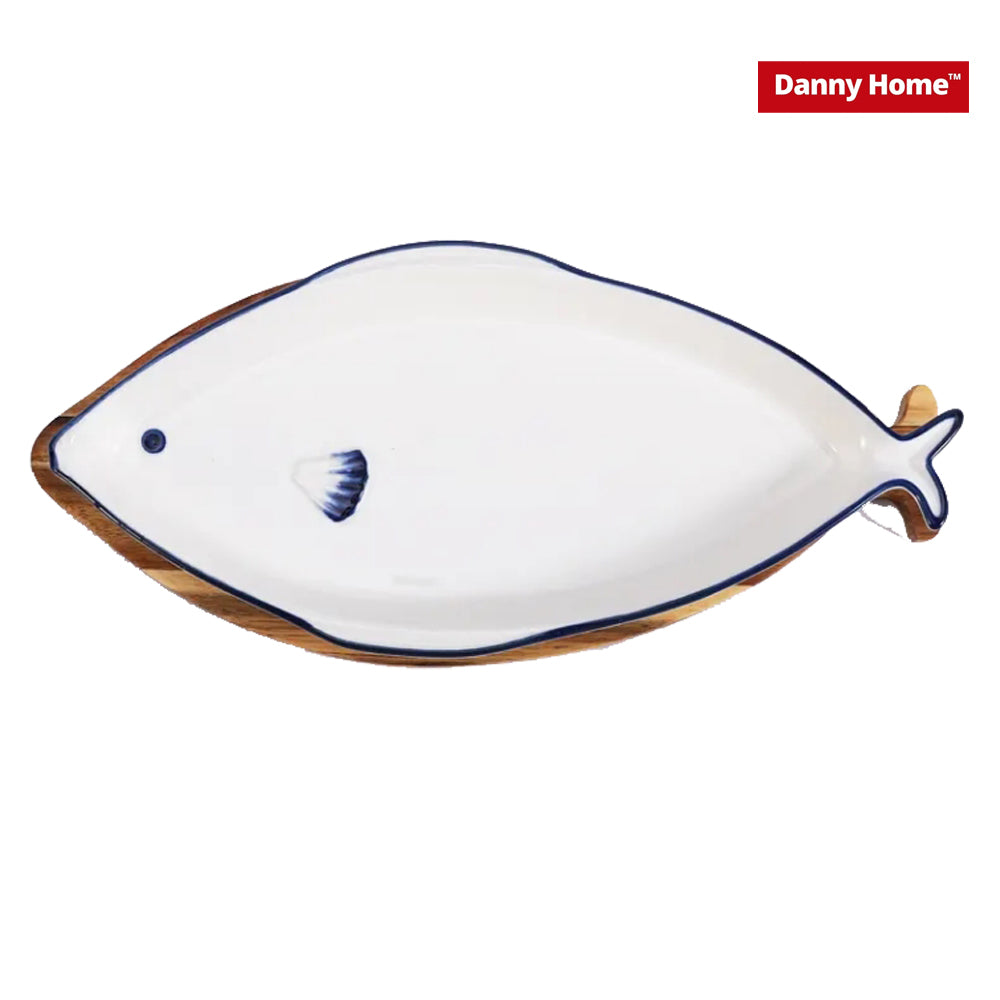 Danny Home Ceramic Snack Plate on Acacia Board – 33cm