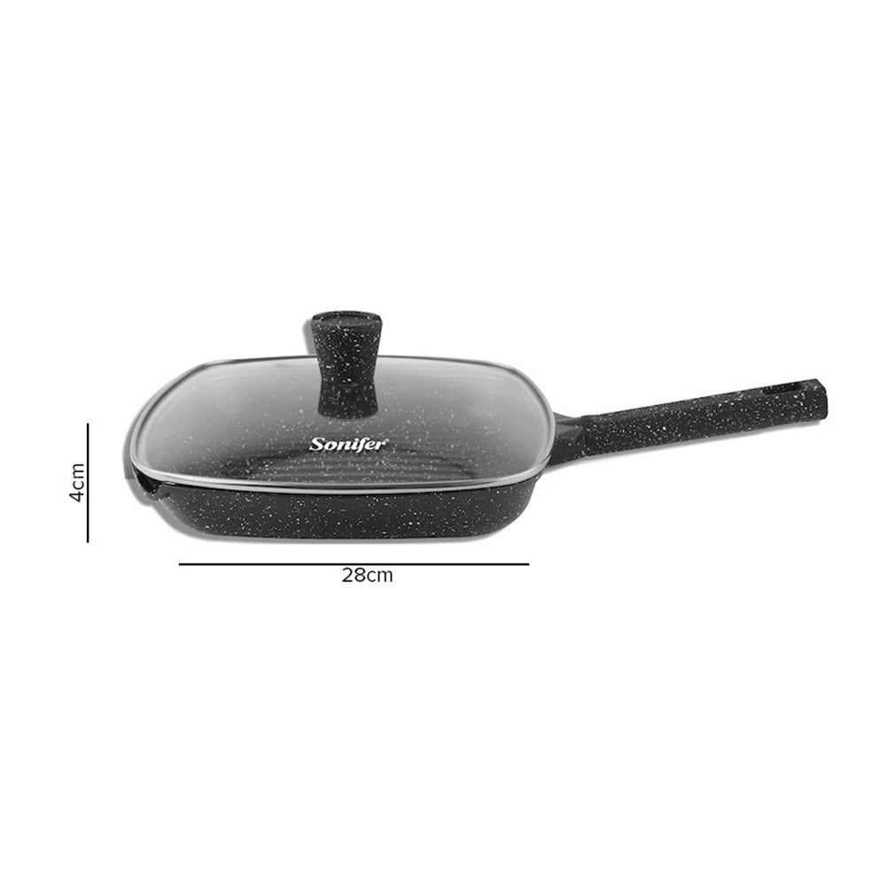 Sonifer, 28cm 2.6L Heat-Resistant Non-Stick Granite Grill Pan With Lid