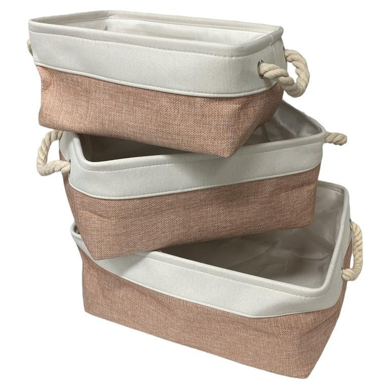 Set of 3 Large Fabric Baskets with Rope Handles