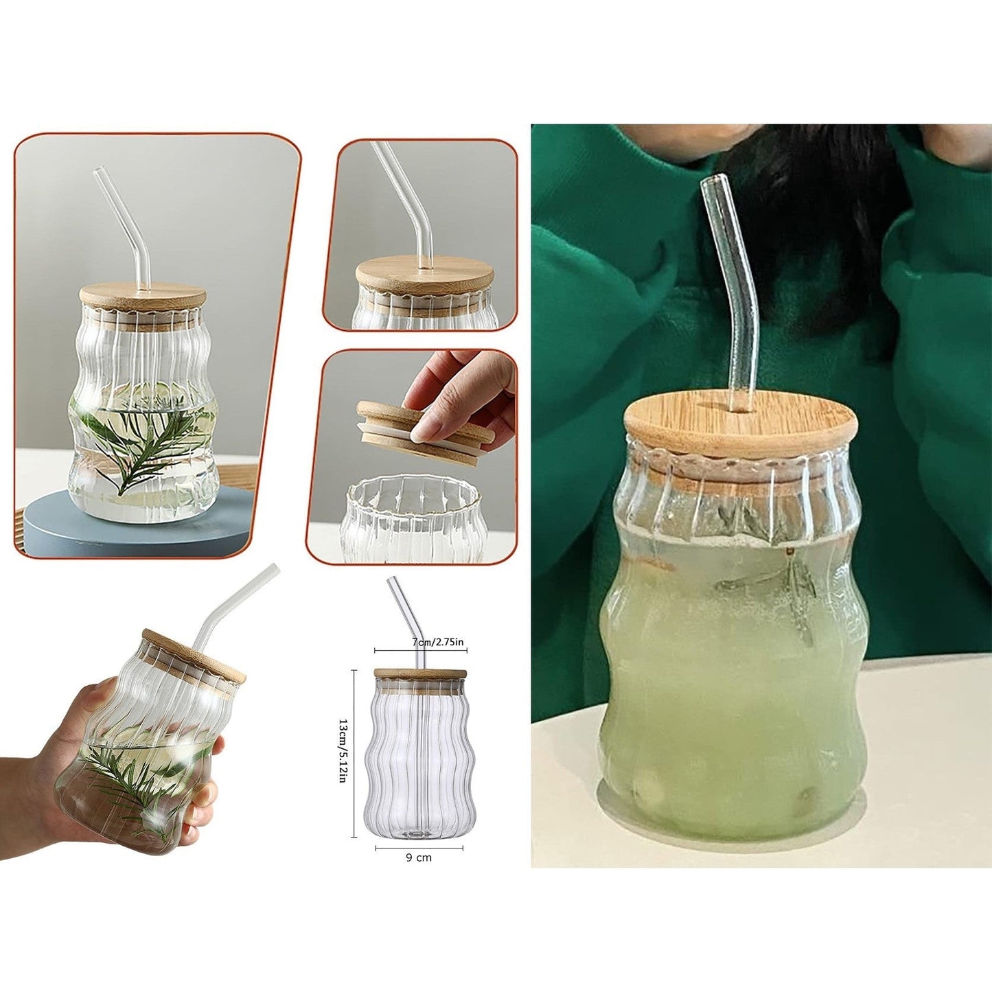 Wavy Glassware Drinking Cup with Bamboo Lid and Glass St