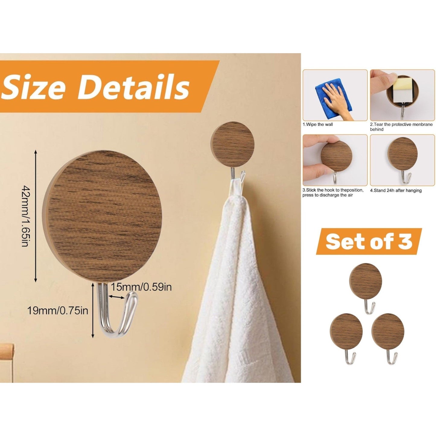 Wood Grain Round Self Adhesive Hooks X3