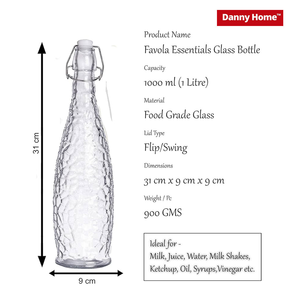 Danny Home Essentials Glass Airtight Water Bottle, 1 Ltr, 12 Pieces
