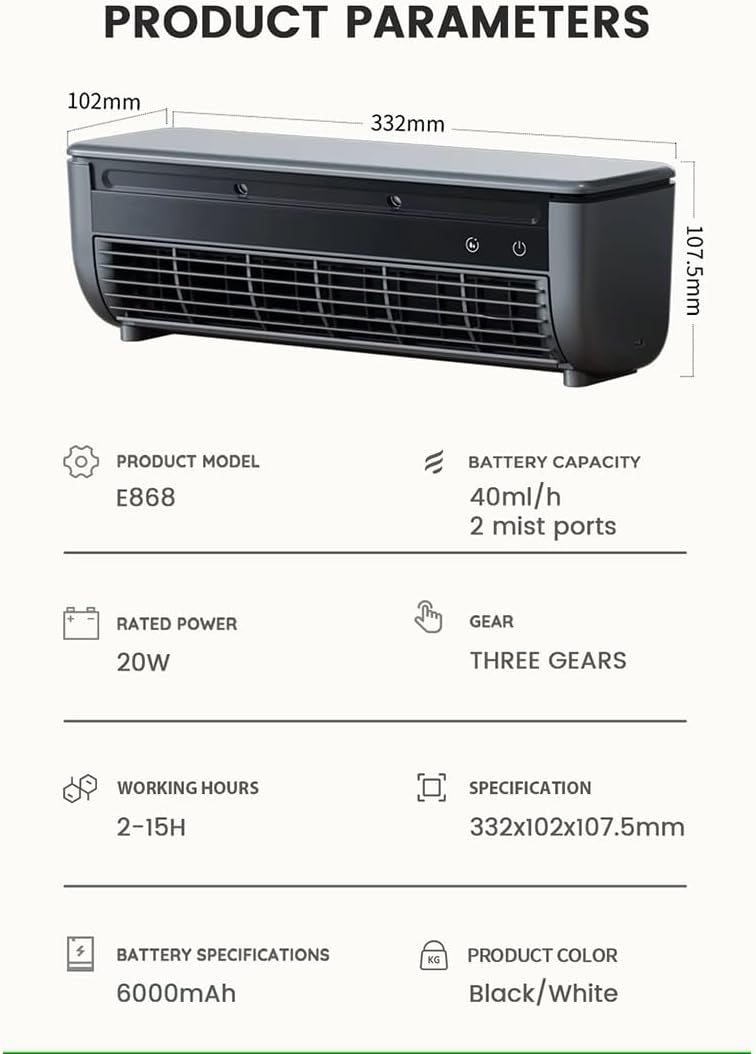 Wireless Wall-Mounted Portable Air Conditioner Fan with Remote – No Drilling, Instant Cooling, Ice Mist & Ionizer (Black)