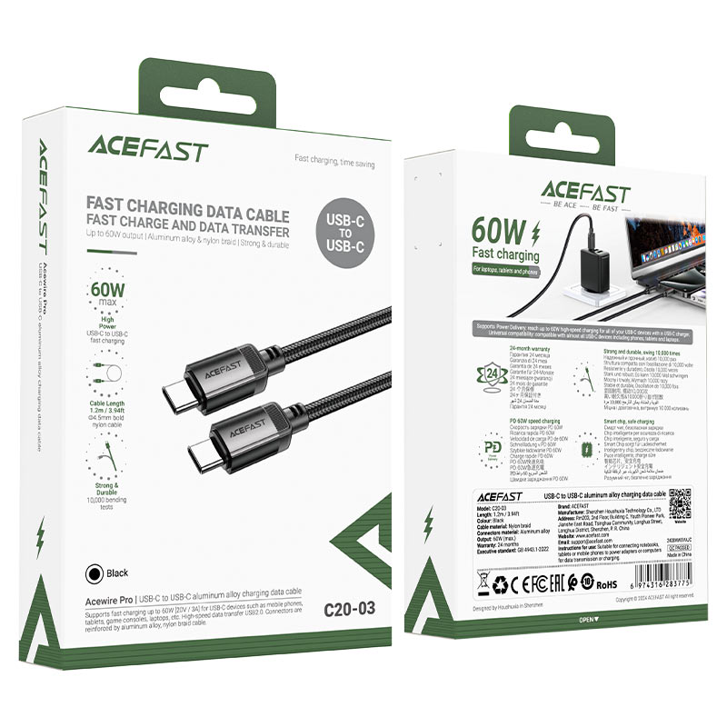 Acefast Charging Data Cable USB-C to USB-C 60W
