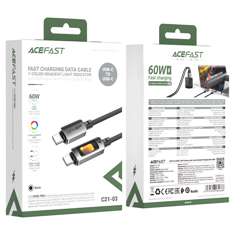 Acefast Charging Data Cable USB-C to USB-C 60W