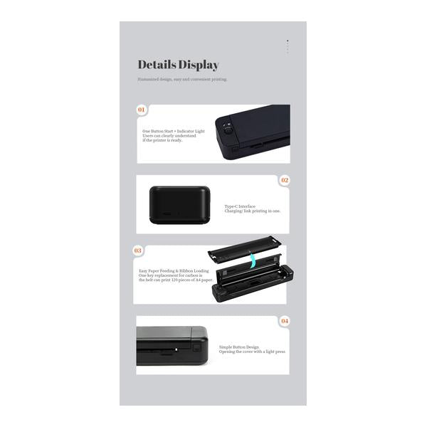 AIMO P832 A4 Thermal transfer Portable Printer, Bluetooth & Type-C, Compatible with Windows, Mac, Android & iOS