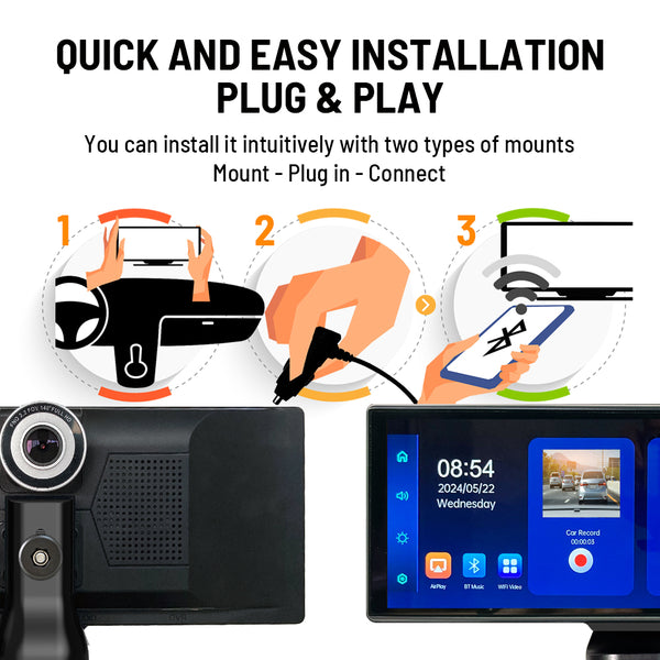 Portable Car AirPlay Stereo With 4K Dashcam, Rear Camera, Wireless CarPlay/Android Auto, Bluetooth, GPS Radio - Medaid International