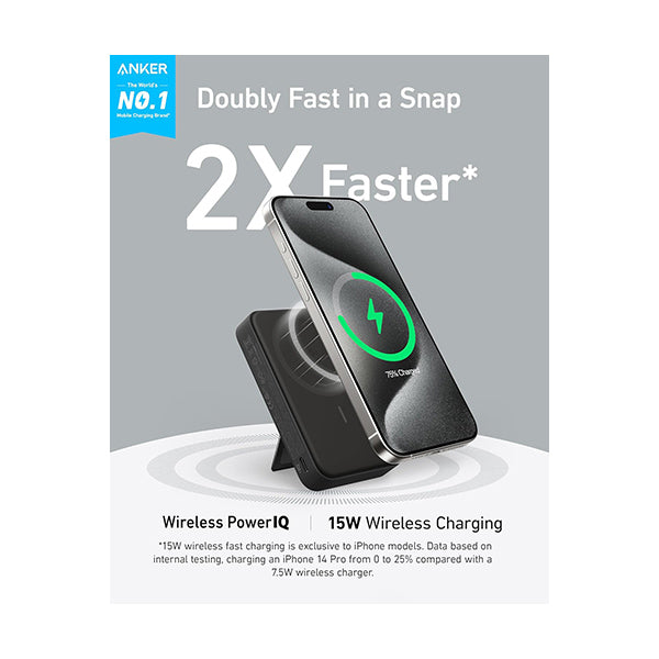Anker MagGo Power Bank, Qi2 Certified 15W Ultra-Fast MagSafe-Compatible Portable Charger, 10,000mAh Battery Pack with Smart Display & Foldable Stand, For iPhone 16/15/14/13 Only (USB-C Cable Included)