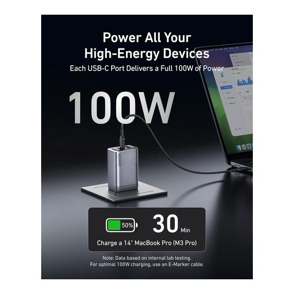 Anker Prime Charger, 100W 3-Port GaN USB C Charger Block, Foldable and Compact for MacBook, iPad, iPhone 17 Series, Galaxy S24/S23, and More