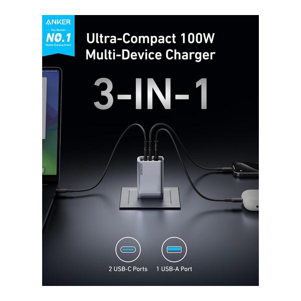 Anker Prime Charger, 100W 3-Port GaN USB C Charger Block, Foldable and Compact for MacBook, iPad, iPhone 17 Series, Galaxy S24/S23, and More