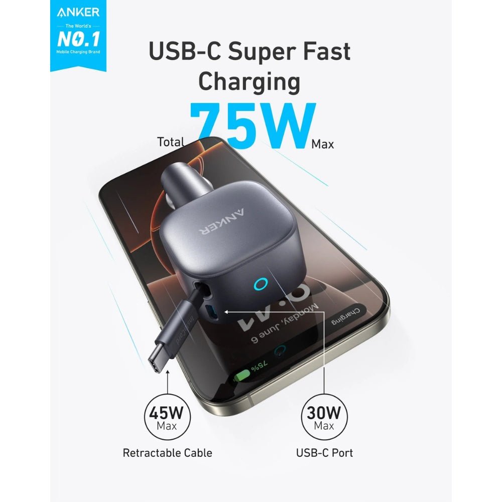 Anker USB-C Car Charger 75W Built-In Retractable Cable
