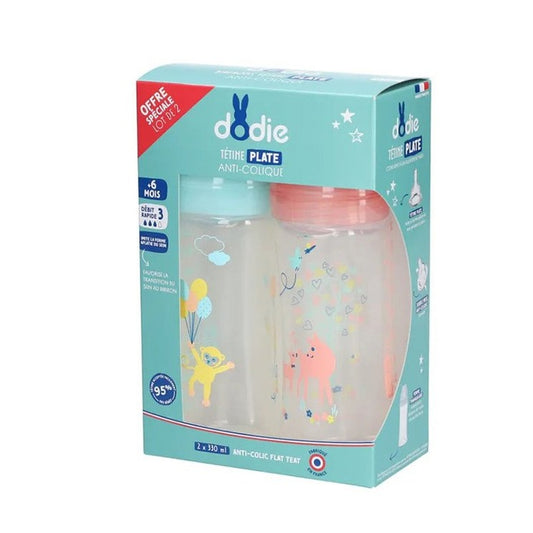 Anti-Colic Bottles Flat Teat 6M+ Pink Green