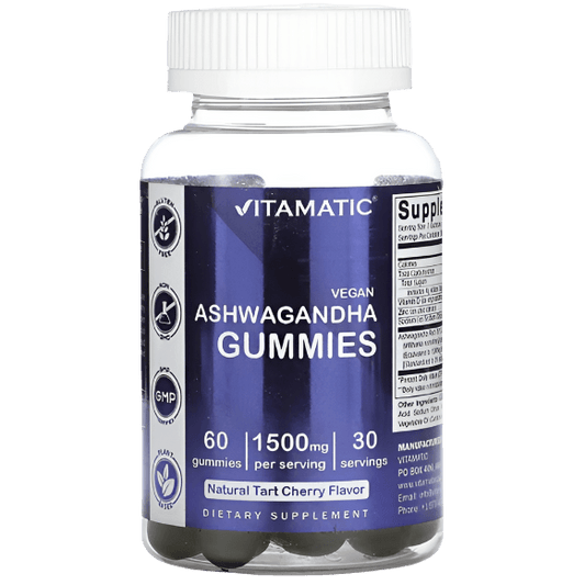 Vitamatic Vegan Ashwagandha with Tart Cherry – 1,500mg | 60 Gummies | Stress & Sleep Support
