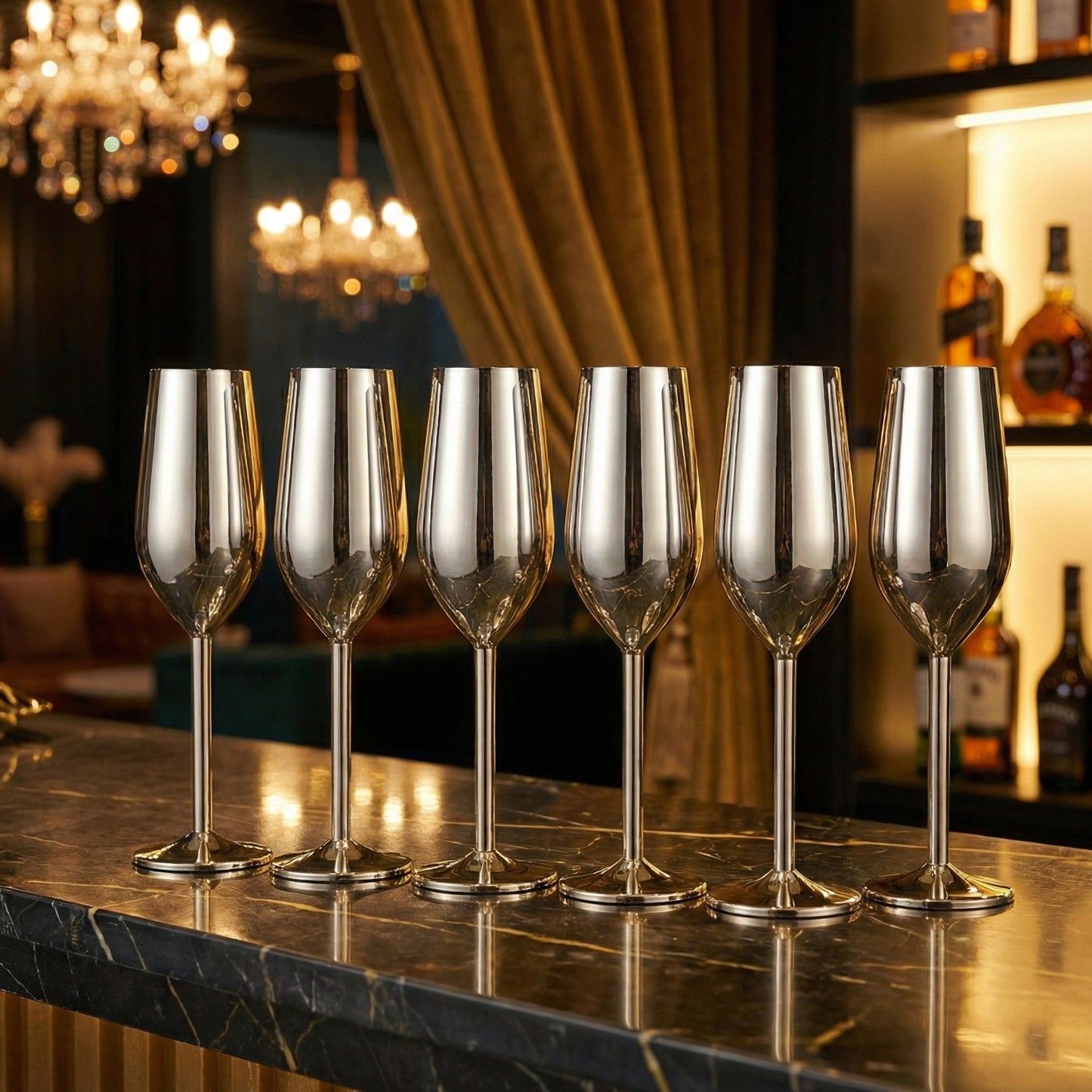 6-Pcs Elegant & Smooth Beverages Champagne Flute Glass – Gold 190ml #3769