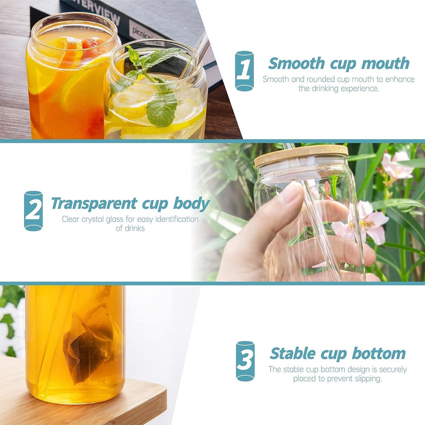 Danny Home 2-Pcs Glass Cups with Bamboo Lids and Glass Straw Set 500ml