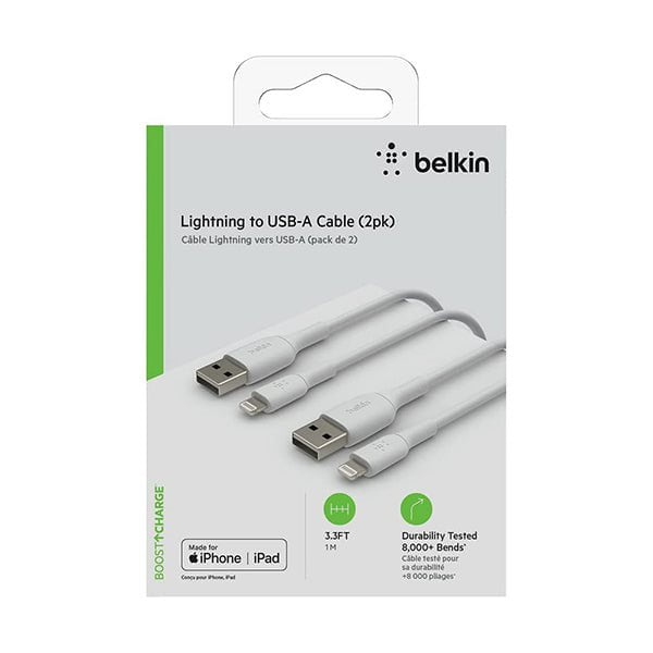 Belkin, CAA001BT1MWH2PK Lightning Cable (2 Pack) Boost Charge Lightning to USB Cable for iPhone, iPad, AirPods, MFi-Certified iPhone Charging Cable, 3.3ft/1m