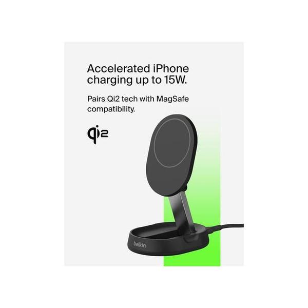 Belkin, WIA008MYBK BoostCharge Pro 15W convertible magnetic wireless charging stand, MagSafe compatible fast Qi2 wireless charger, fast charger for iPhone 17/16/15, Air, AirPods, PixelSnap, 20W plug incl