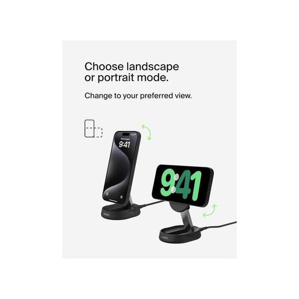 Belkin, WIA008MYBK BoostCharge Pro 15W convertible magnetic wireless charging stand, MagSafe compatible fast Qi2 wireless charger, fast charger for iPhone 17/16/15, Air, AirPods, PixelSnap, 20W plug incl