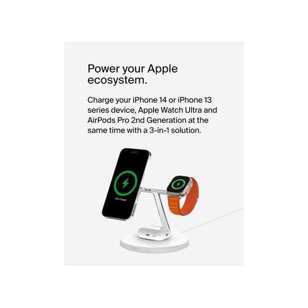 Belkin, WIZ017VFBK/WH 3-in-1 Wireless Charger with Official MagSafe Charging 15W