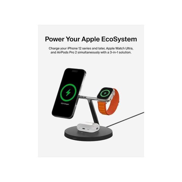 Belkin, WIZ017VFBK/WH 3-in-1 Wireless Charger with Official MagSafe Charging 15W