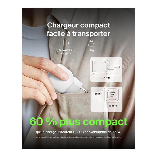 Belkin BoostCharge 45W Compact AC Charger, USB-C PD, Fast Charging, for All iPhone 17, iPhone 16, iPhone 15, Samsung Galaxy, Google Pixel, iPad, AirPods, and More