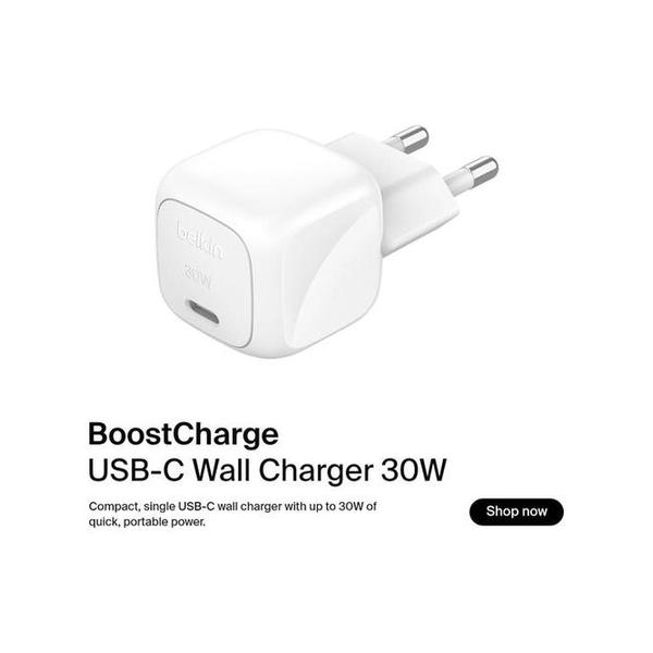 Belkin, WCA008KQWH BoostCharge 30W USB-C Cube Wall Charger with PPS