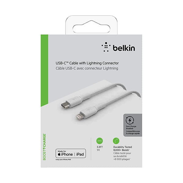 Belkin, CAA003bt1MWH USB-C to Lightning Cable iPhone Fast Charging Cable for iPhone 8 or Later Boost Charge MFi-Certified iPhone USB-C Cable, 3ft/1m