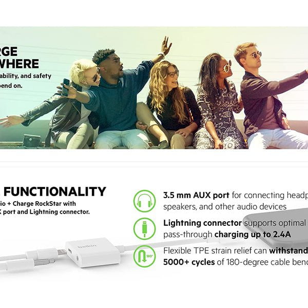 Belkin, F8J212btWHT 3.5mm Audio + Charge Rockstar (iPhone Aux Adapter)