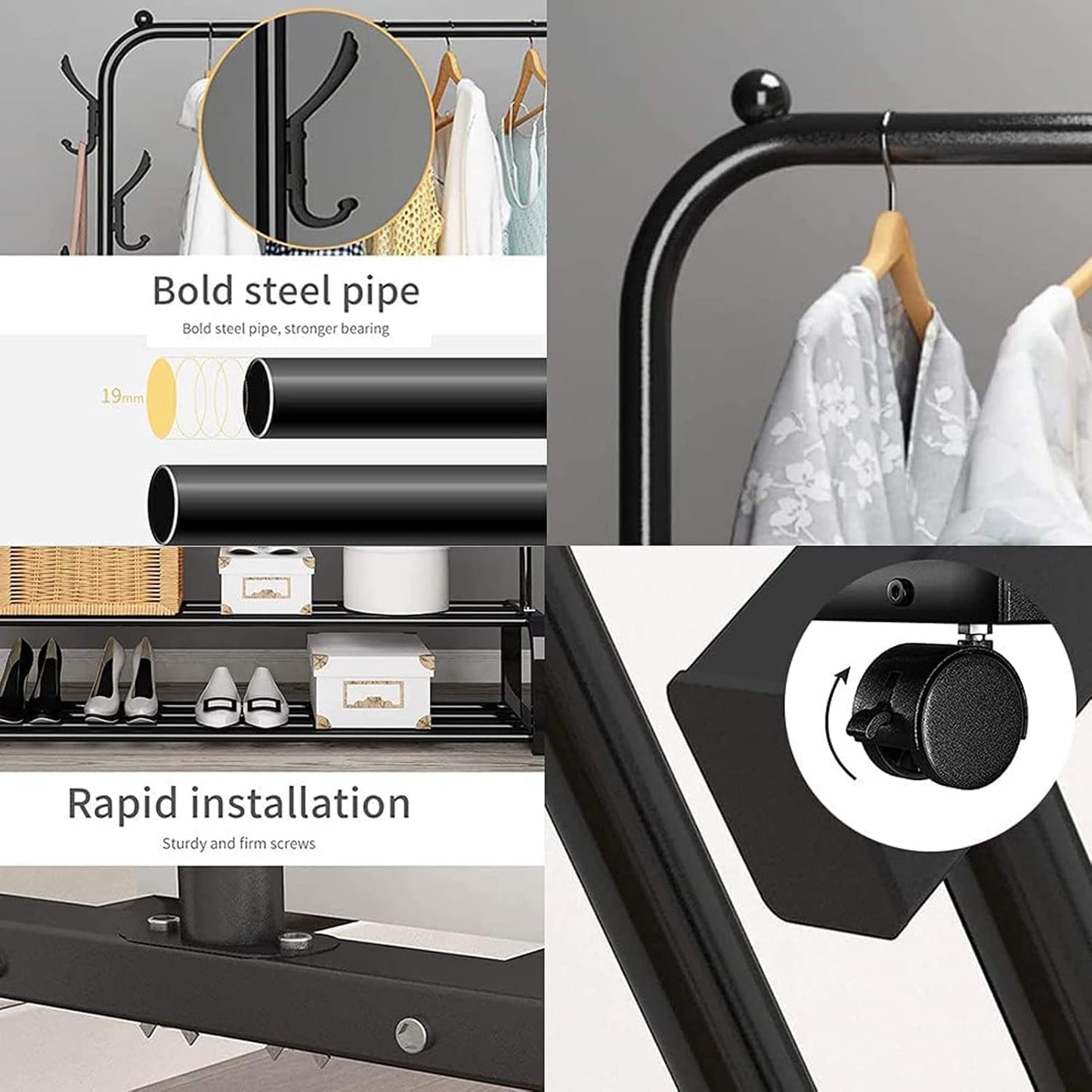 2-in-1 Modern Wheeled Garment Rack with Ample Hanging Space, Shoe Storage Sturdy Hold 60KG (H110 x D57 x W150)cm