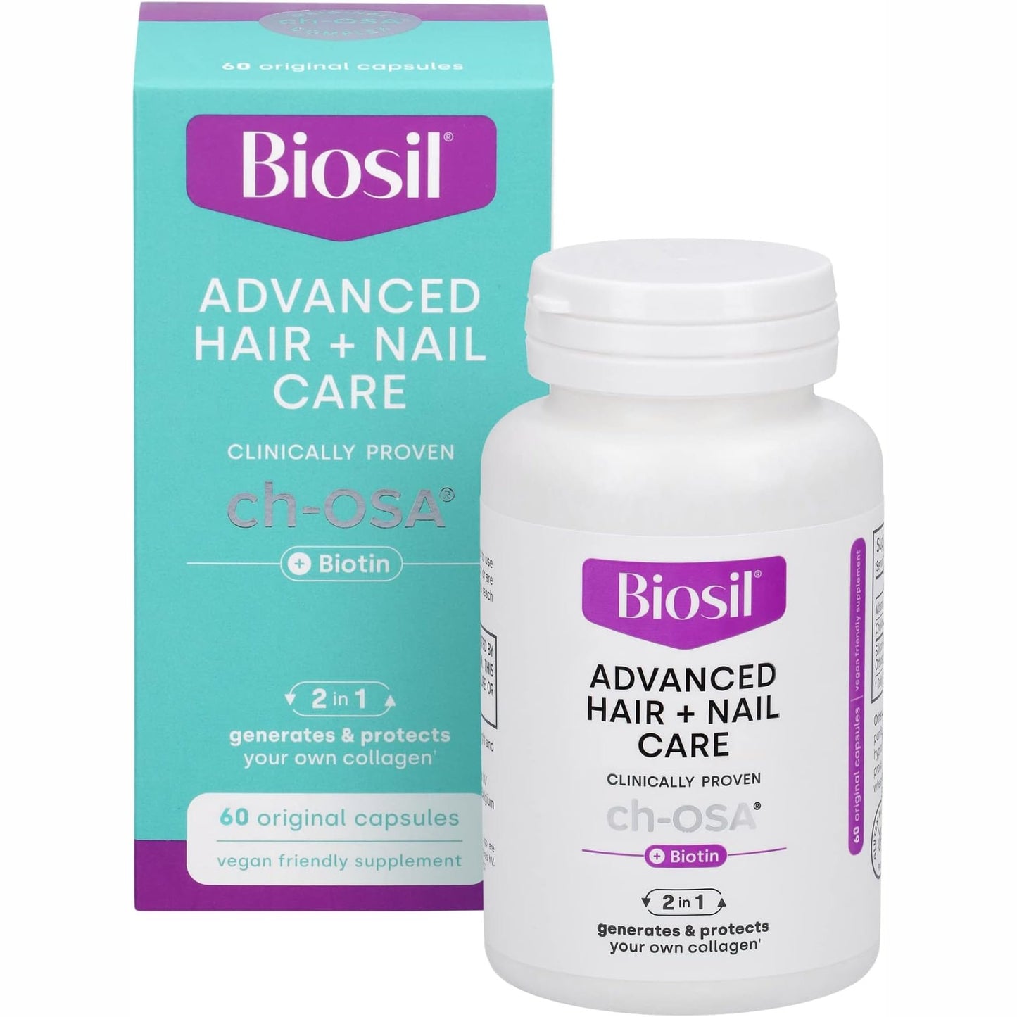 Biosil Advanced Hair + Nail Care - 60 Capsules - Grow, Strengthen & Thicken Hair and Nails - with Patented ch-OSA & Biotin - 30-Day Supply - 1 Count (Pack of 60)
