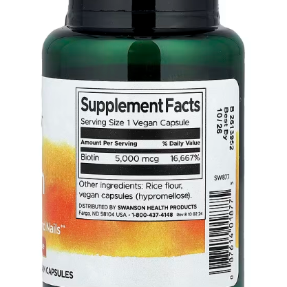 Swanson Biotin (Vitamin B7) – 5000 mcg, 100 Capsules