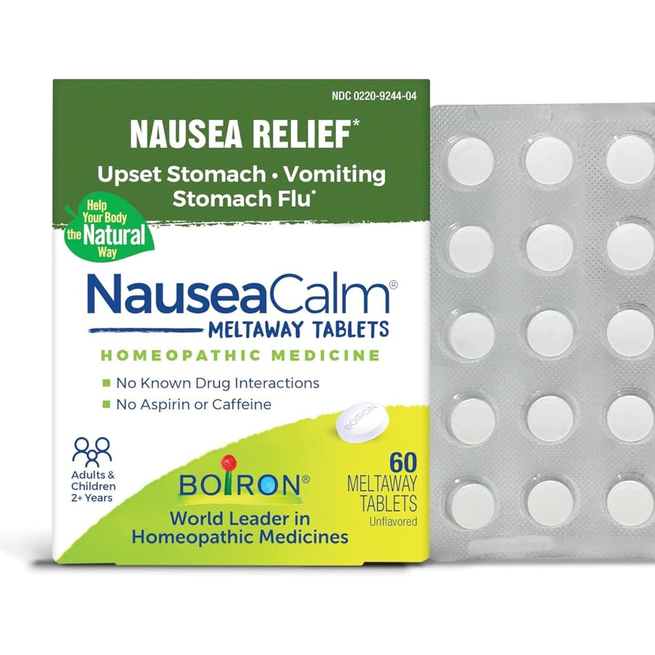 Boiron NauseaCalm Tabs - 60 Count - Relief for Upset Stomach, Nausea, and Vomiting Due to Stomach Flu, Overindulgence, or Motion Sickness - Non-Drowsy Nausea Calm Meltaway Tablets