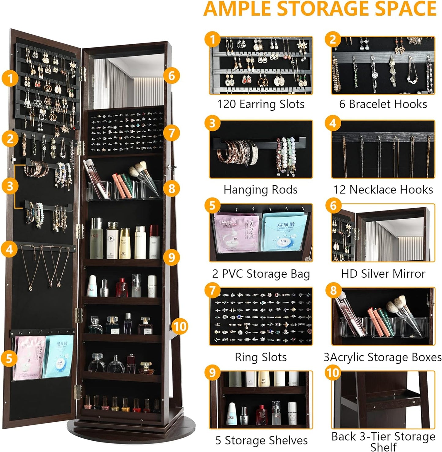 360° Swivel Lockable Jewelry Armoire Mirror
