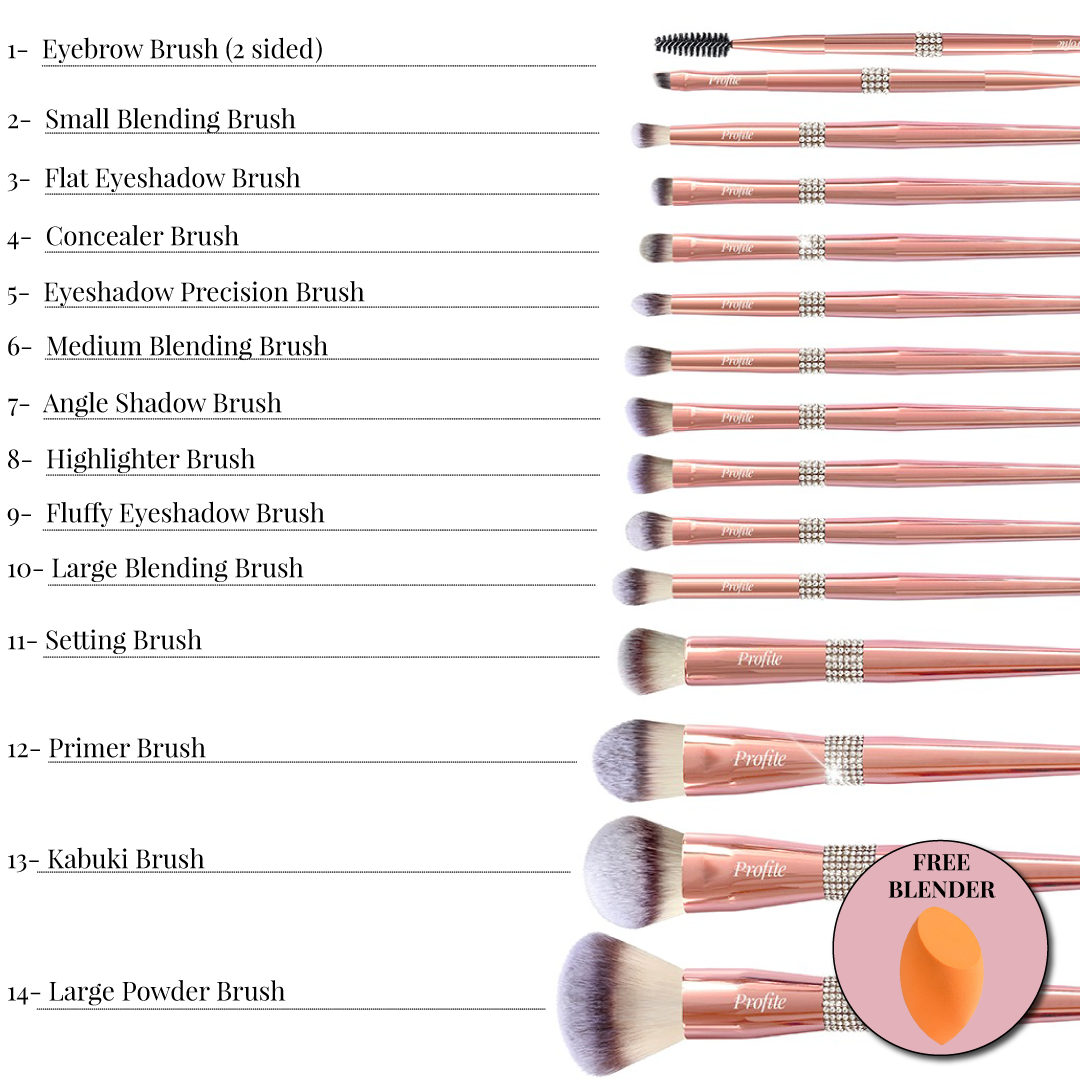 Profite 14 Pcs Rhinestone Rose Gold Brush Set + Holder + FREE Blender