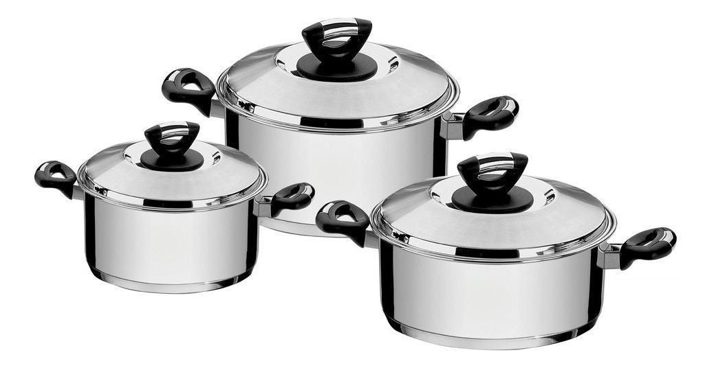 Tramontina Solar Bakelite stainless steel cookware set with tri-ply base and Bakelite handles, 3 pc set