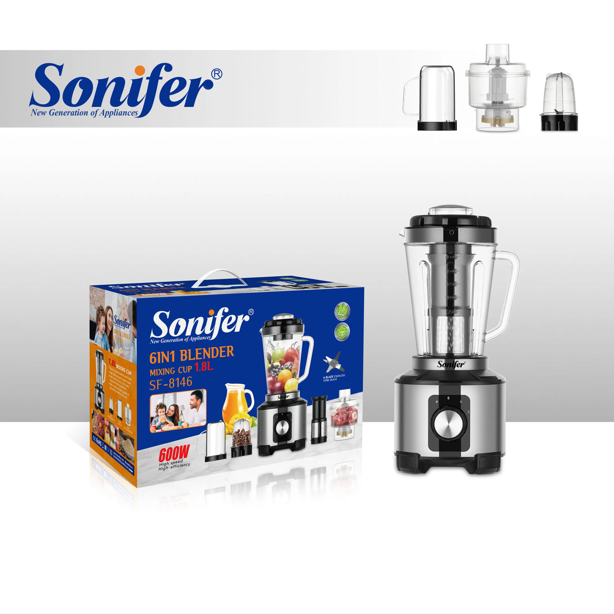 Sonifer SF-8146 600W Home Kitchen 6 in 1 Multifunctional Mixer Blender High-efficiency