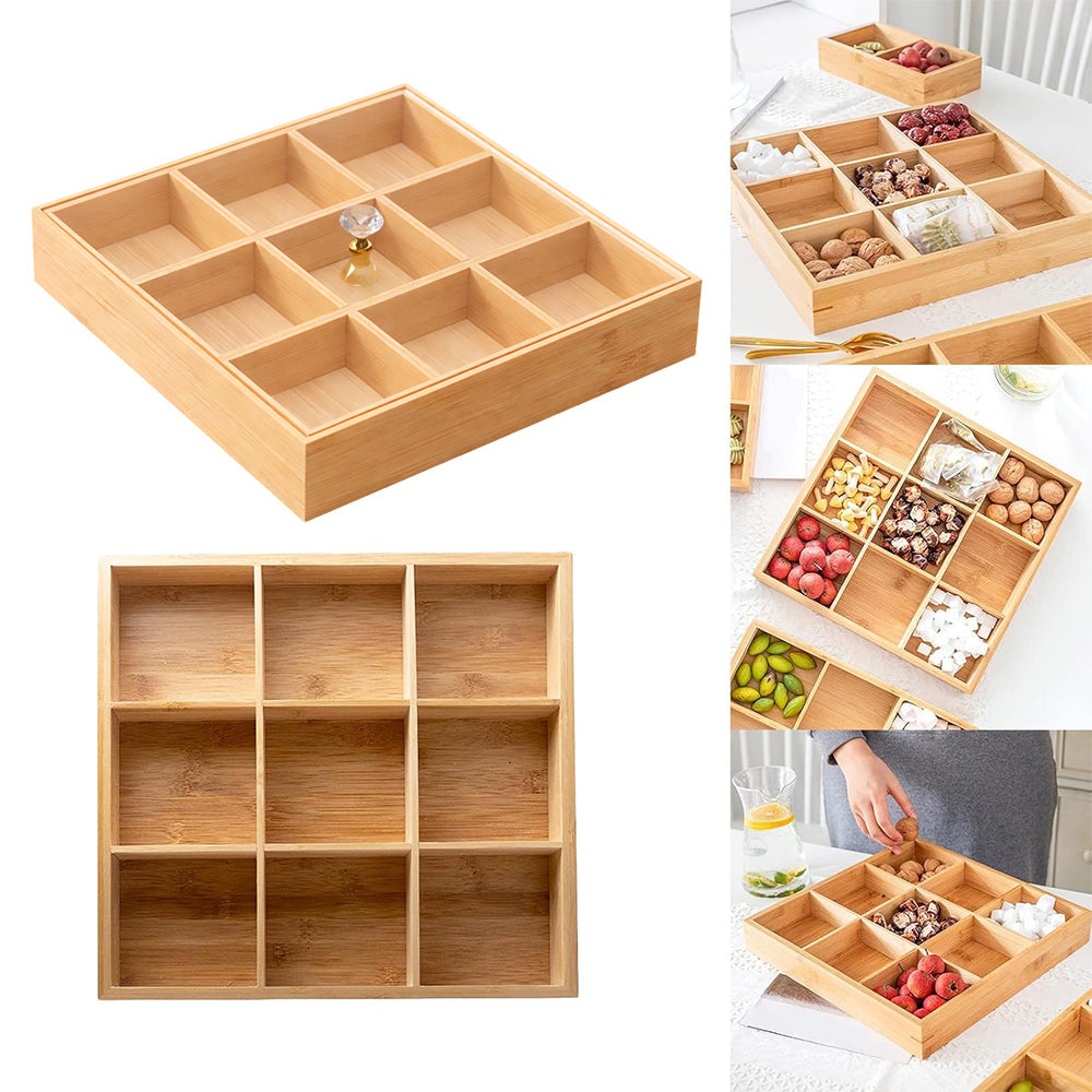 Bamboo Nuts Tray with Protective Lid – 9 Compartments