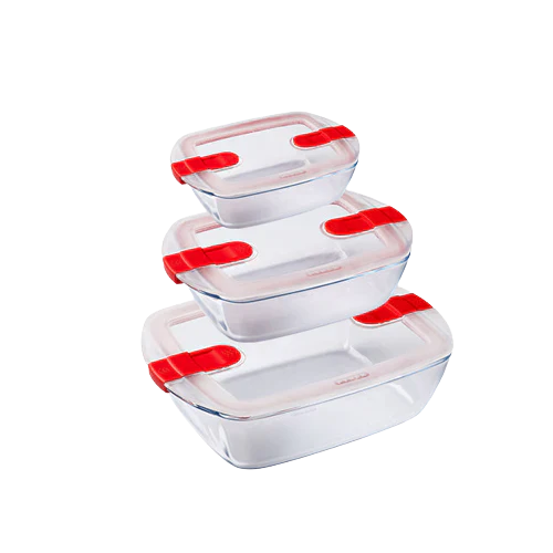 Pyrex, Cook & Heat Glass Rectangular Dish With Lid set of 3 (0.4L,1.2L,2.5L)