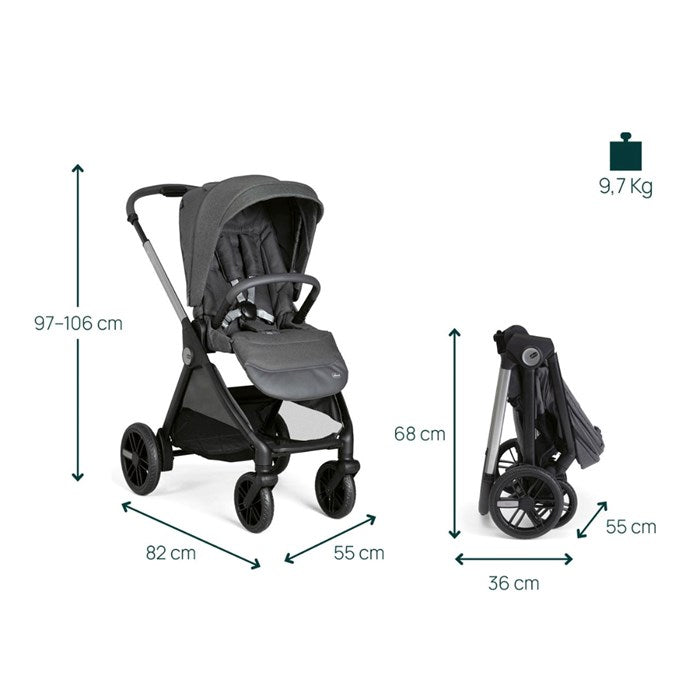 Chicco - Bellagio Stroller - Flexi Carrycot - Black Satin - Kory i-size Essential Black - Car Seat - Full 360 i-size Base - Travel System